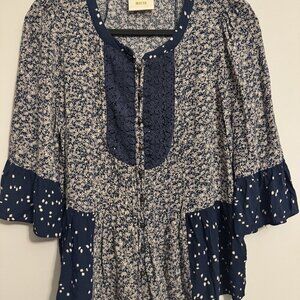 Maeve by Anthropologie Size 8 Maeve Navy Blue Floral Print Boho Blouse with Bell